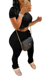 Women's 2 Pieces Outfit Set Short Sleeves Round Neck Crop Top and Stacked Sweatpants Ruched Skinny Pants Loungewear