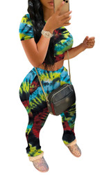 Women's 2 Pieces Outfit Set Short Sleeves Round Neck Crop Top and Stacked Sweatpants Ruched Skinny Pants Loungewear
