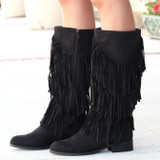 Women Boho Fashion Flock Leather Tassel Knee High Boots