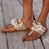 Women Lace Pearl Shell Decoration Flat Beach Slippers