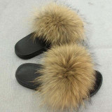 Women Cute Fashion Fox Fur Slides Beach Slippers