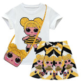 Fashion L.O.L  Dress for Girls Children's Clothes Kids T-Shirt + Skirt Set +bag