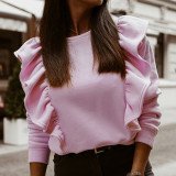 Women Autumn Winter Long sleeve Ruffled Sweatshirts Casual Solid Color O Neck Pullovers Tops Ladies Fitted Fleece Sweatshirts