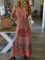 Women Floral Print Cotton Summer O-Neck Ombre Tie Dye Maxi Dresses