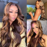 Honey Blonde Brown Highlight  Body Wave Lace Front Wig P4 27 Ombre Human Hair 150% 13X4X1 HD