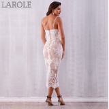 Elegant Spaghetti Strap Nude Lace Bodycon Maxi Dress