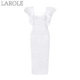 White Ruffles Butterfly Sleeve Bodycon Midi Dress