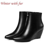 Genuine Leather Wedge Heels Boots | Pointed Toe Ankle Boots