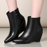 Genuine Leather Wedge Heels Boots | Pointed Toe Ankle Boots