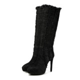 Denim Knee High Boots For Women