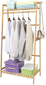 Bamboo Clothes Hanging Rack with 2 Tier Storage Shelves