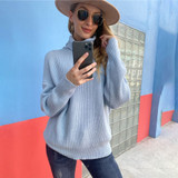Women Sweaters Autumn Winter Loose Solid Blue Long Sleeve Tops Turtleneck Knitted Pullover Clothes  Fall Sweaters For Women