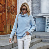 Women Sweaters Autumn Winter Loose Solid Blue Long Sleeve Tops Turtleneck Knitted Pullover Clothes  Fall Sweaters For Women