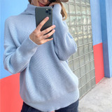 Women Sweaters Autumn Winter Loose Solid Blue Long Sleeve Tops Turtleneck Knitted Pullover Clothes  Fall Sweaters For Women