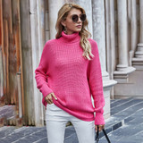 Women Sweaters Autumn Winter Loose Solid Blue Long Sleeve Tops Turtleneck Knitted Pullover Clothes  Fall Sweaters For Women