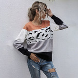 Woman Sweaters Autumn Winter Patchwork Leopard Green Long Sleeve Loose Pullover Knitted Sweater Tops Fall  Womens Clothes