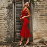 New Fashion V Neck Spaghetti Strap Elegant Women Party Midi Dress