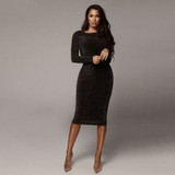 Women's Bandage Shiny Long Sleeve Evening Party Dress Pencil Dresses