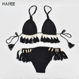 Halter Beaded Tassel Crochet Bikini Set
