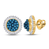 Earrings |  10kt Yellow Gold Womens Round Blue Color Enhanced Diamond Cluster Earrings 1 Cttw |  Splendid Jewellery