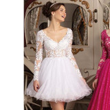 Sexy Tulle Wedding Dress Short Cheap Wedding Reception Dresses V Neck With Long Sleeves Lace Wedding Bridal Gowns