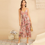Boho Surplice Neck Botanical Ruffle Wide Leg Jumpsuit