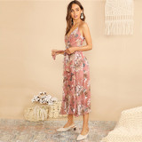 Boho Surplice Neck Botanical Ruffle Wide Leg Jumpsuit