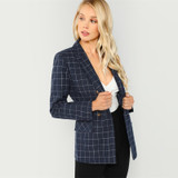Navy Cotton Office Notched Neck Plaid Double Breasted Blazer