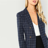 Navy Cotton Office Notched Neck Plaid Double Breasted Blazer