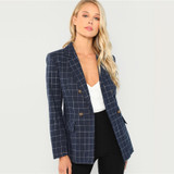 Navy Cotton Office Notched Neck Plaid Double Breasted Blazer