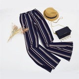 Navy Office Striped Elastic Waist Flare Leg Trousers