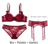 Luscious Thin Lingerie Sexy 3 Piece Bra+Panties+Garter Lace Embroidery Set