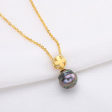 18k Gold Natural Cultured Tahitian Black Pearl Pendant Necklac with Silver Chain