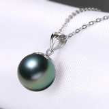 925 Sterling Silver Tahitian Cultured Black Pearl Created White Diamond Pendant Necklace