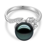 18K Solid Gold Natural 0.103ct Diamond (G-H, SI1-SI2)Tahitian Black Pearl 9mm Ring
