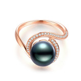 18K Solid Gold Natural 0.221ct Diamond (G-H, SI1-SI2) Tahitian Black Pearl 9mm Ring