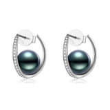 18K Solid Gold Natural 0.124ct Diamond (G-H, SI1-SI2)  Tahitian Black Pearl 9mm Earrings