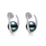 18K Solid Gold Natural 0.124ct Diamond (G-H, SI1-SI2)  Tahitian Black Pearl 9mm Earrings
