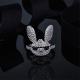 S925 Pure Silver High-End Micro Inlaid Crystal Diamond Lovely Glasses Rabbit Ring