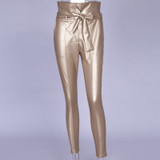 Black Belt High Waist Pencil Faux Leather Women Pant