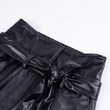 Black Belt High Waist Pencil Faux Leather Women Pant