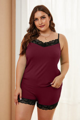 Wine Plus Size Pajamas Set with Lace Trim