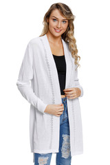 White Ribbed Open Front Long Sleeve Cardigan