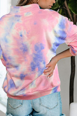 Pink Cotton Tie-dye Mock Neck Zip Sweatshirt
