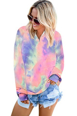 Pink Cotton Tie-dye Mock Neck Zip Sweatshirt