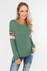 Mint Long Sleeve Leopard Stripes Pocket Blouse