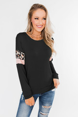 Black Long Sleeve Leopard Stripes Pocket Blouse