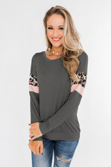 Gray Long Sleeve Leopard Stripes Pocket Blouse