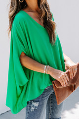 Green Draped Dolman Sleeves V Neck Blouse