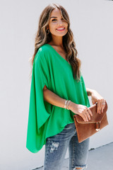 Green Draped Dolman Sleeves V Neck Blouse